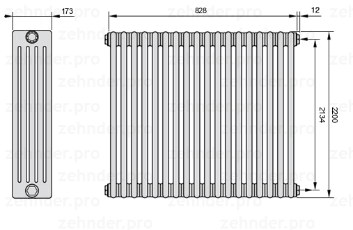 Схема (чертеж) Радиатор Zehnder Charleston 5220/18 №7610 Белый глянцевый RAL 9016